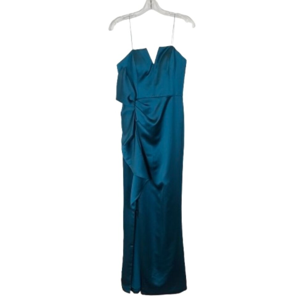 NWT Aidan Mattox Womens Size 6 Teal Cascading Ruffle Strapless Satin Gown NEW